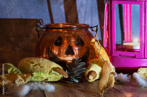 Halloween, pumpkin, fingers, old lamp photo