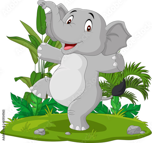 Cartoon happy elephant dancing in the grass
