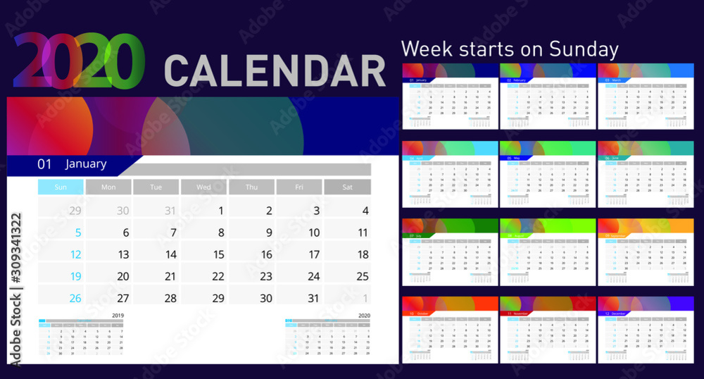2020 vector calendar. Week starts from Sunday. Calendars of different colors 2020 vector calendar. Week starts from Sunday. Calendars of different colors