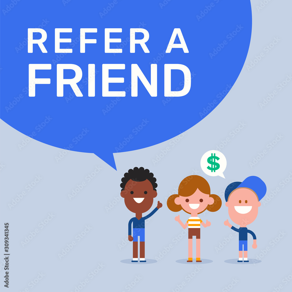 Refer a friend. Referral marketing concept. Cheerful kids cartoon illustration in flat design style. Refer a friend. Referral marketing concept. Cheerful kids cartoon illustration in flat design style.