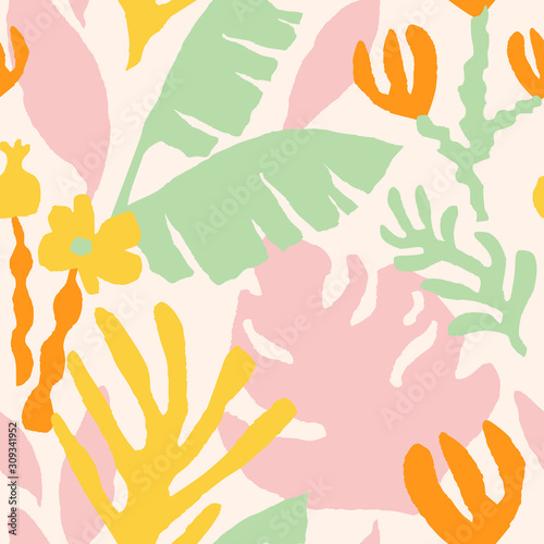 Modern floral seamless pattern with pastel collage of jungle fruits and plants. Contemporary background in Scandinavian style. Hand drawn trendy texture for print, design, fabric. Vector illustration