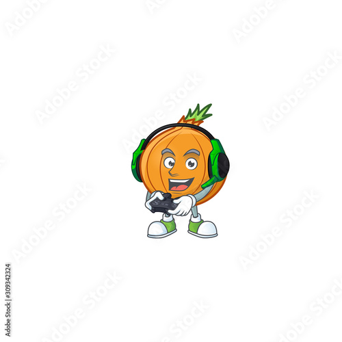 mascot icon of shallot with headphone and controller