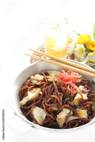 Japanese style fried noodles, cabbage and soy sauce
