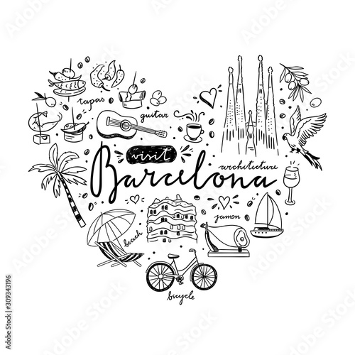 Barcelona hand drawn icons and elements on white background. Travel destination Spain outline collection. Architecture and food of Barcelona sketch set