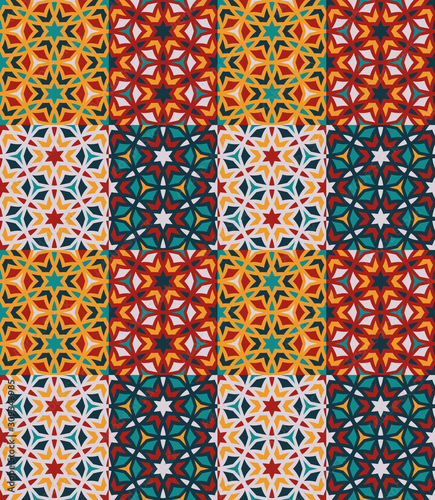Seamless pattern tiled ornament. Floral textile print. Islamic vector design. Oriental background with abstract flowers. Hexagonal patchwork swatch. Stained glass vitrage. Seamless pattern tiled ornament. Floral textile print. Islamic vector design. Oriental background with abstract flowers. Hexagonal patchwork swatch. Stained glass vitrage.