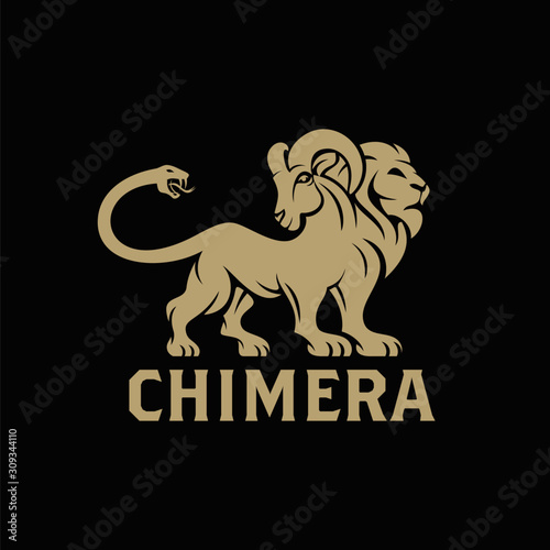 Vector logo of Chimera, a lion monster with the head of a goat arising from its back and a snake's head as the tail