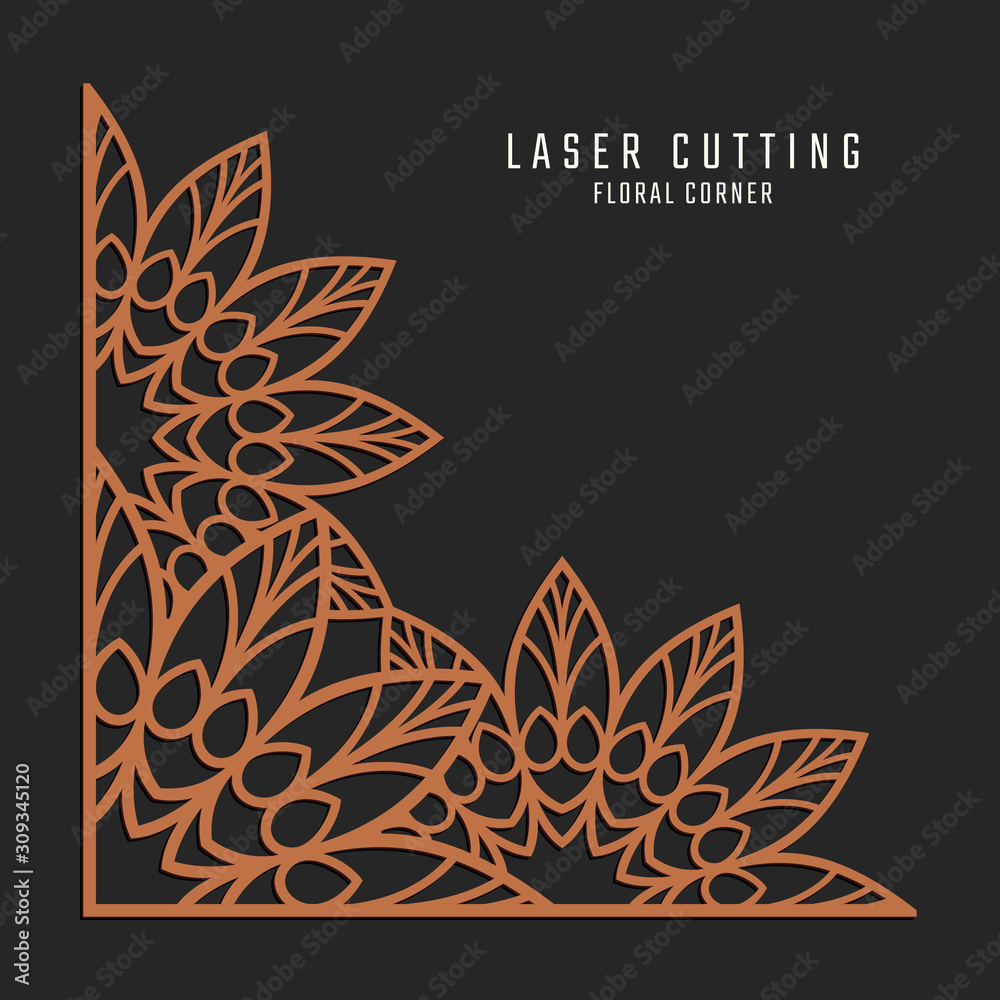 Laser cutting corner. Tapestry panel. Jigsaw die cut ornament. Lacy cutout silhouette stencil. Fretwork floral pattern. Vector template for paper cutting, metal and woodcut.