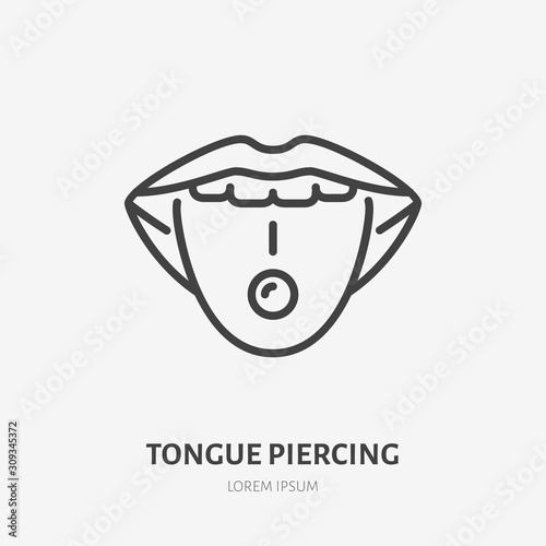 Tongue piercing line icon, vector pictogram of face jewelry. Piercing studio logo, linear illustration