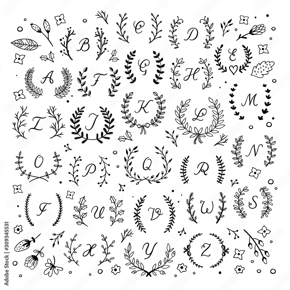 Fototapeta Wreath and letters vector set. Hand drawn graphic collection with different floral elements, letter capitals, wreaths and laurels on white background