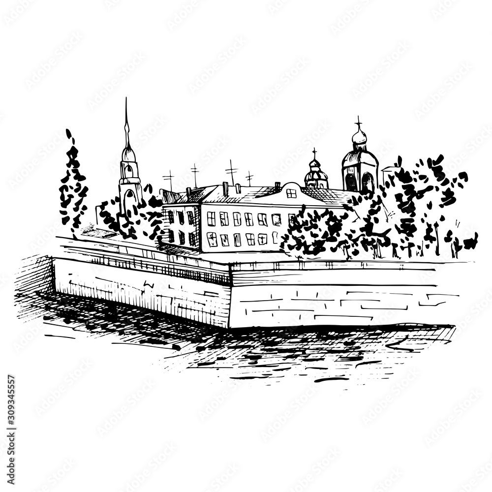 Landscape in sketch style. City landscape with a river. Monochrome black and white drawing. Vector illustration