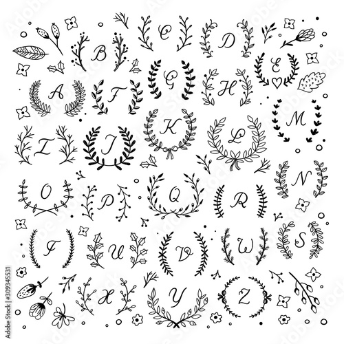 Fototapeta Wreath and letters vector set. Hand drawn graphic collection with different floral elements, letter capitals, wreaths and laurels on white background