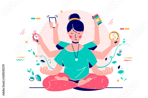 Young smiling woman multi-tasking using modern device and time.