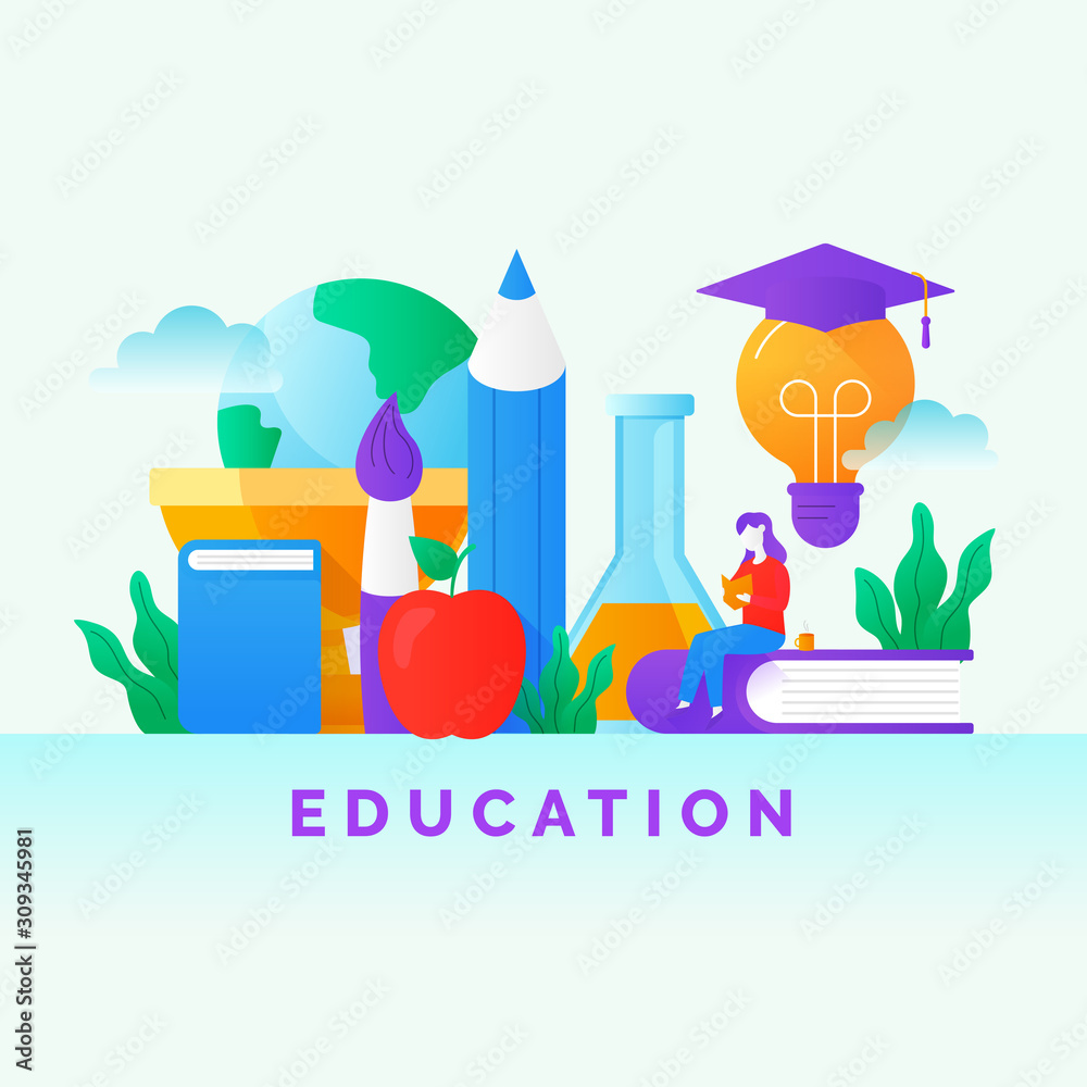 Smart Modern Education poster background concept design. Girl learning by  reading book with many school related equipment icon vector illustration  Stock Vector | Adobe Stock