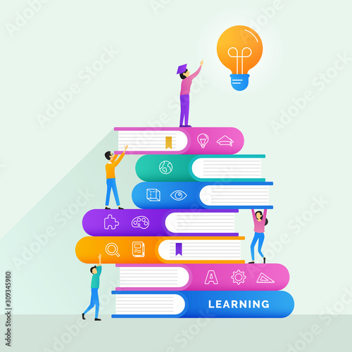reaching education goal with teacher help poster background concept design. someone collect light bulb symbol on the many stack of study books raised by her lecture mentor vector illustration