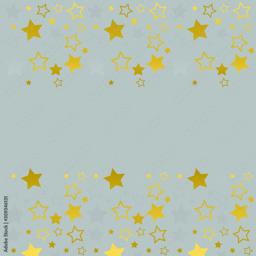 Frame with blank space for text. Border of golden stars. gray background. Vector for Christmas and New Year greeting card, banner, invitation, packaging design, illustration pattern