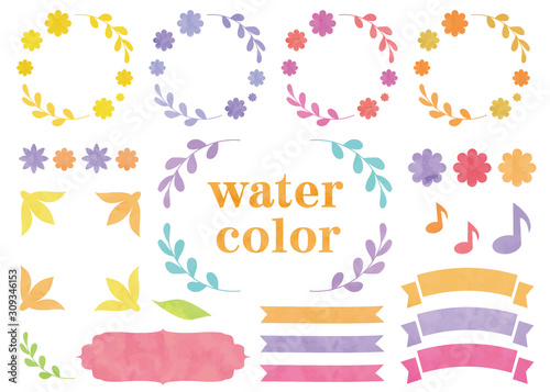 水彩タッチの美しいフレーム　カラフルなリボン