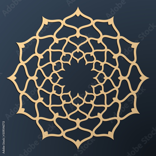 Laser cutting mandala. Golden floral pattern. Oriental silhouette ornament. Vector coaster design.