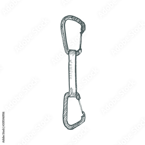 Hand drawn quickdraw carabiner for climbing isolated on white.