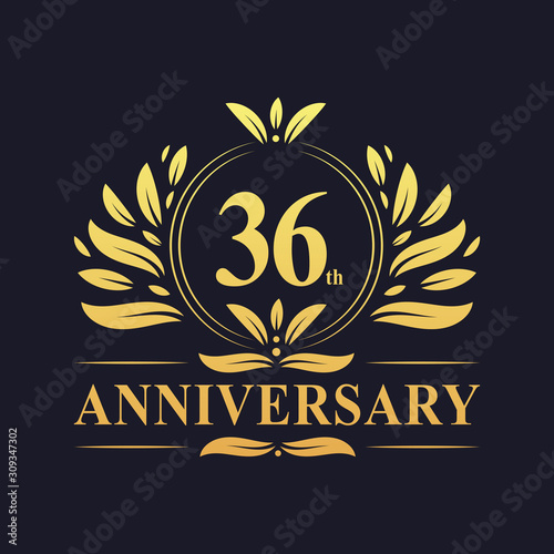 36th Anniversary logo, luxurious golden color 36 years Anniversary logo design celebration. photo