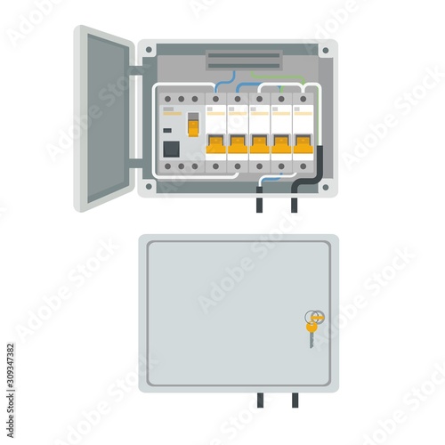 Fuse box. Electrical power switch panel. Electricity equipment. Vector