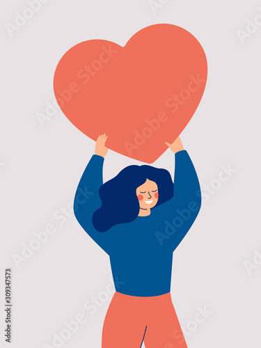 Happy woman holding a red big heart above her head isolated on white background. Flat vector illustration.