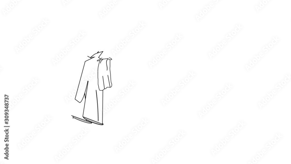 Self drawing line art sketch of red, blue, black, white clothing on hanger rack. Concept of clothes, fashion, design, wardrobe. Copy space. White background. Self drawing line art sketch of red, blue, black, white clothing on hanger rack. Concept of clothes, fashion, design, wardrobe. Copy space. White background.