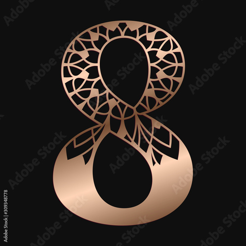 Laser cutting digit eight. Woodcut vector design. Plywood lasercut gift. Pattern for printing, engraving, paper cut. Floral mandala design.