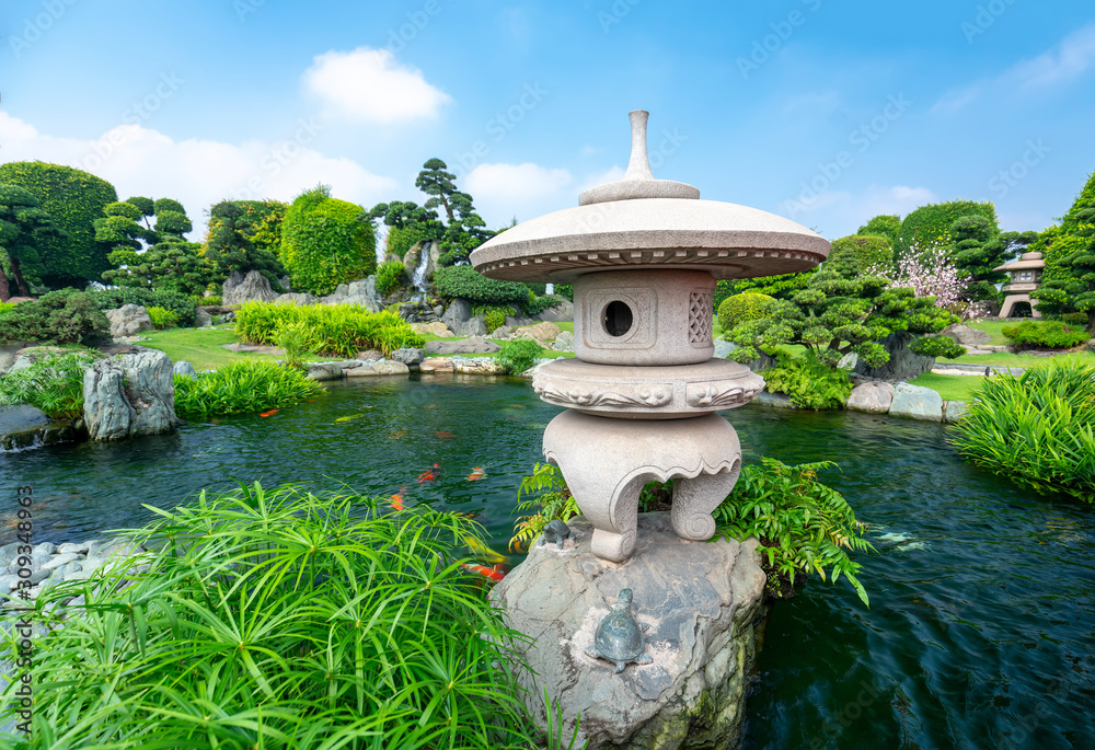 Beautiful garden in ecotourism is designed harmony with cypress, pine, stone and ancient trees bearing traditional culture of traditional Japanese gardens.