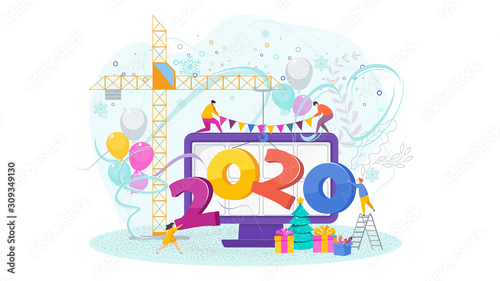Little people drag a huge 2020 numbers onto a computer monitor.