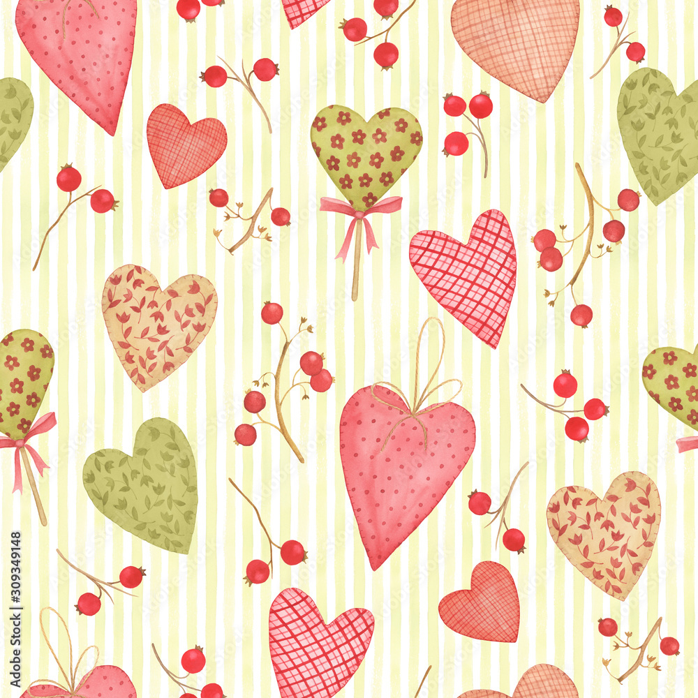 Seamless pattern with textile hearts, watercolor painting Seamless pattern with textile hearts, watercolor painting