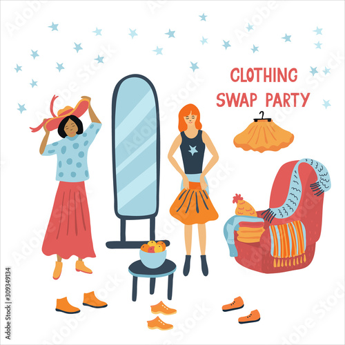 Clothing swap party vector illustration isolated on white background. Friends exchange their clothes and shoes. Two nice women on an eco-friendly event. 