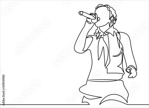 singing woman with microphone in hands illustration. musical band vocalist.continuous line drawing