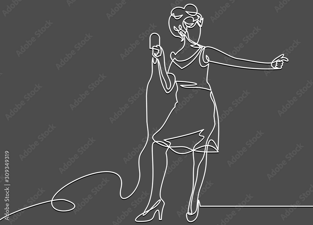Fototapeta premium singing woman with microphone in hands illustration. musical band vocalist.continuous line drawing