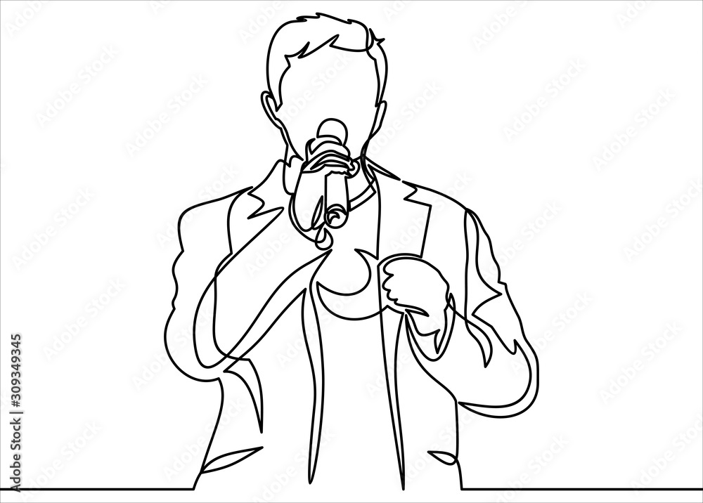 Business conference, business meeting. Man at rostrum in front of audience. Public speaker giving a talk at conference hall- continuous line drawing Business conference, business meeting. Man at rostrum in front of audience. Public speaker giving a talk at conference hall- continuous line drawing