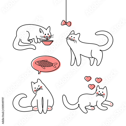 Line art  illustration cute cats on white background.  Lovely funny cute. Design element set. Cute kitten vector. Isolated black line art  illustration. 