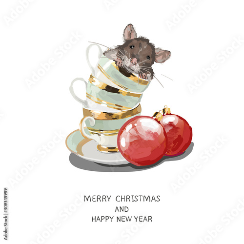 Christmas card. Mice in cup. Red Christmas balls
