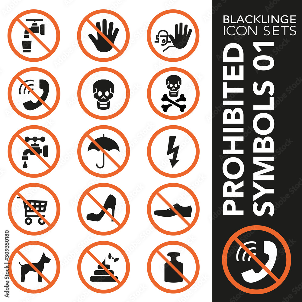 High quality black and white icons of prohibition symbols. Blacklinge are the best pictogram pack unique design for all dimensions and devices. Vector graphic, logo, symbol and website content.