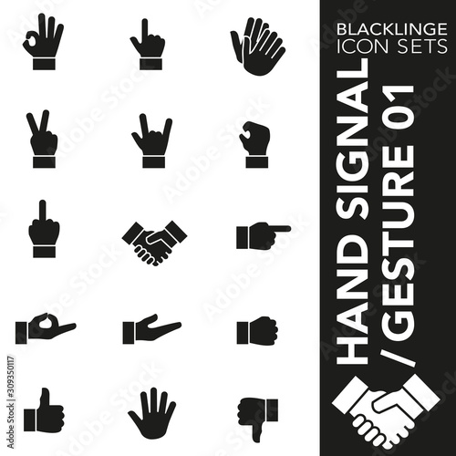High quality black and white icons of hand signal and gestures. Blacklinge are the best pictogram pack unique design for all dimensions and devices. Vector graphic, logo, symbol and website content.
