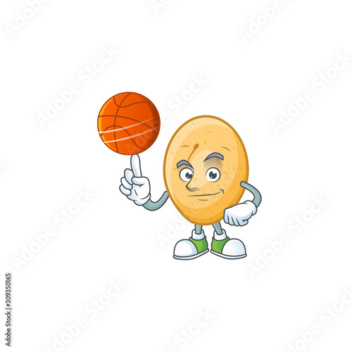 Happy face potato cartoon character playing basketball