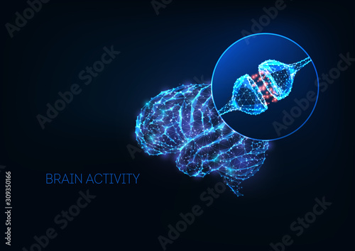 Futuristic brain activity concept with glowing low polygonal human brain and neuron synapses