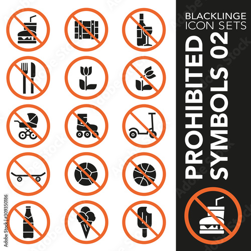 High quality black and white icons of prohibition symbols. Blacklinge are the best pictogram pack unique design for all dimensions and devices. Vector graphic, logo, symbol and website content.