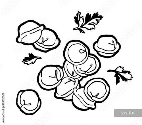 Dumplings in a pot. Ink hand drawing. Food, vegetables and fruit isolated on white background. Book illustration, recipe, menu, magazine or journal article.
