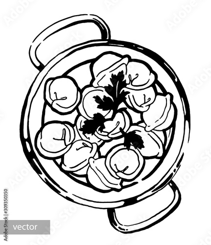 Dumplings in a pot. Ink hand drawing. Black and white.Food, vegetables and fruit isolated on white background. Book illustration, recipe, menu, magazine or journal article.