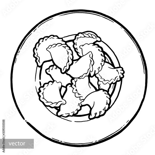 Dumplings, vareniki on a plate. Ink hand drawing. Food, vegetables and fruit isolated on white background. Book illustration, recipe, menu, magazine or journal article.