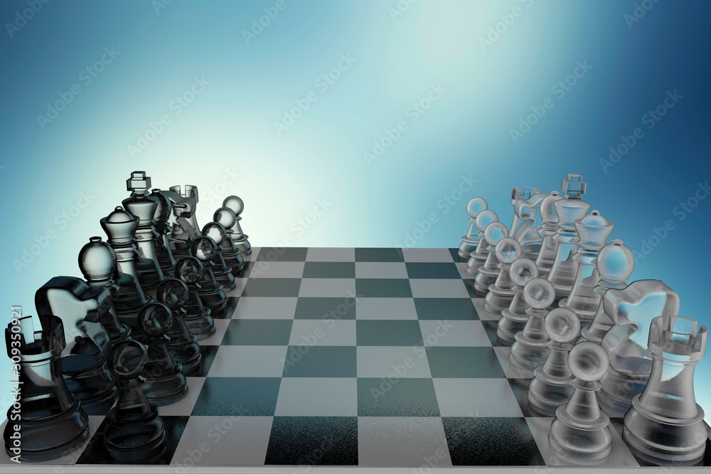 3D illustration glass chess on a blue background