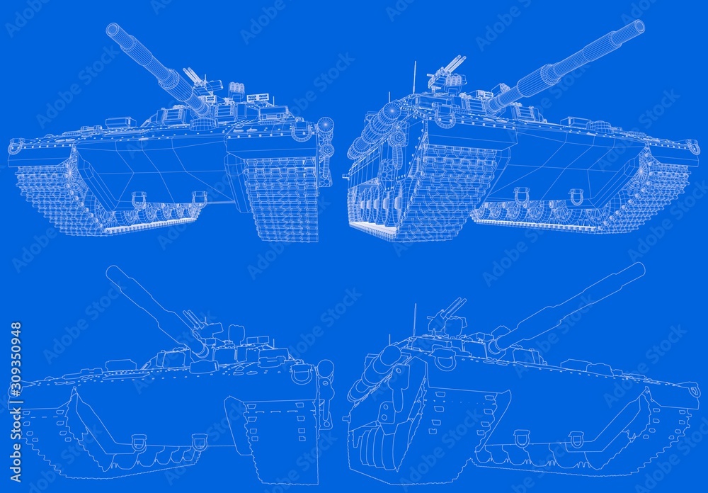 Φωτογραφία blueprint of outlined isolated 3D modern tank with fictive design, high detail h