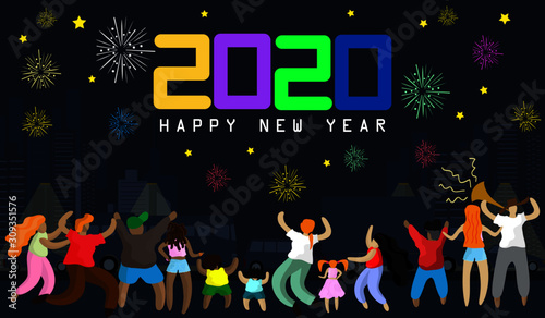 new year celebrate 2020 happy gathering with people ilustration