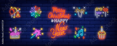 Christmas party in neon style collection. Glowing neon cake, Bengal light. Holiday, celebration, present. Vector illustration in neon style for greeting card, invitation, announcement