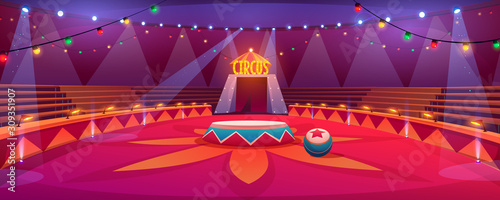 Obraz na plátně Circus arena, classic round stage under marquee dome with seats, garlands and spotlights
