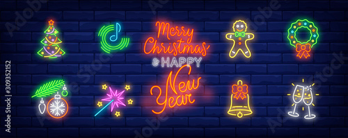 New Year party neon sign set. Tree, bauble, champagne flutes, wreath. Vector illustration in neon style, bright banner for topics like Christmas, December holidays, festive decoration